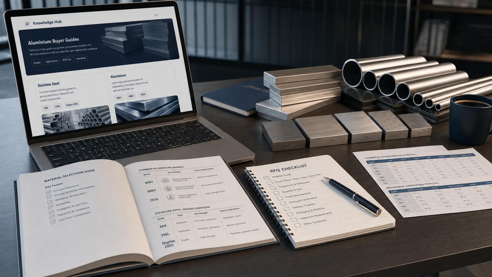 Knowledge hub visual with metal buyer guides and material samples