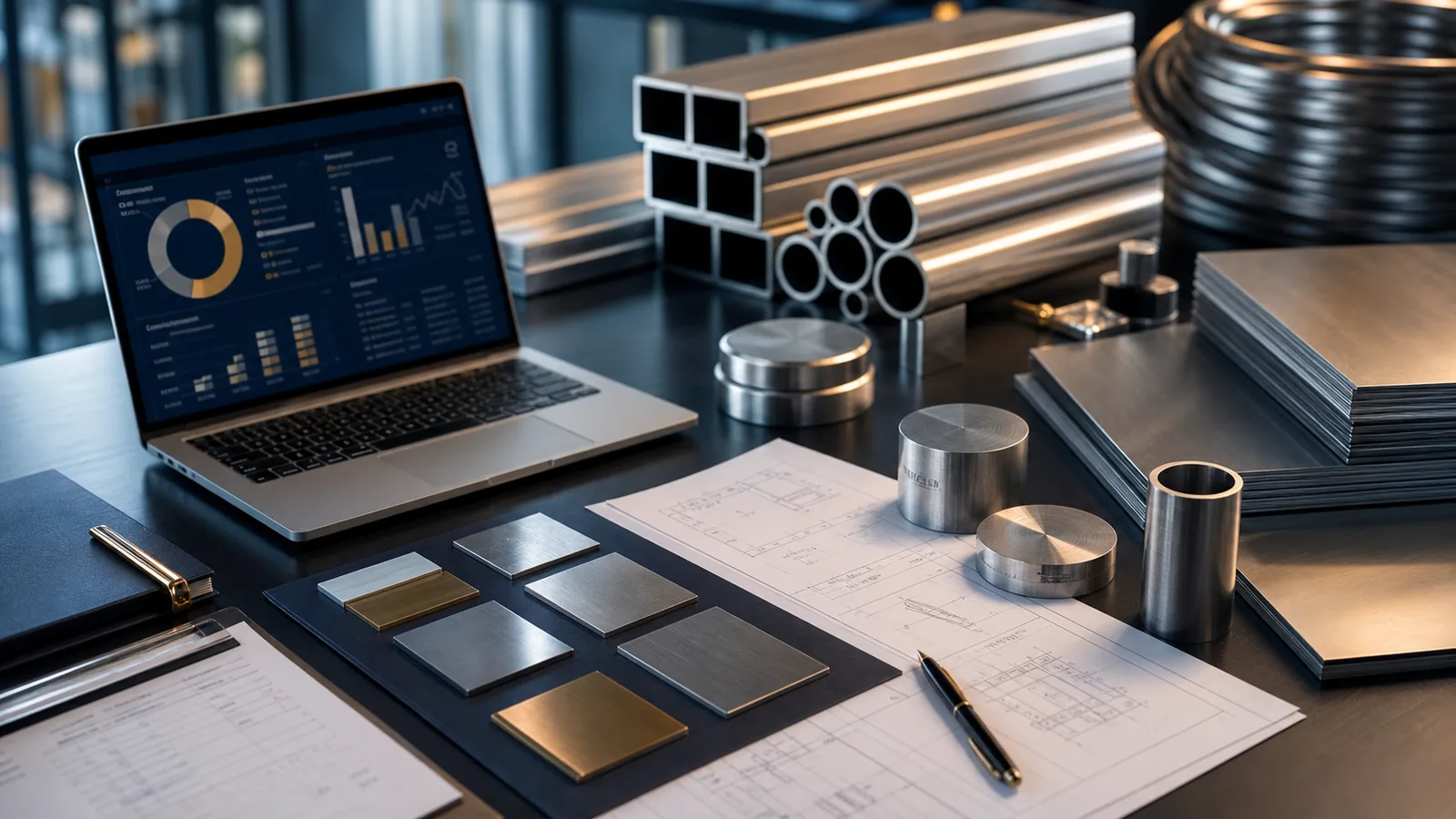 Industrial procurement planning desk with metal samples