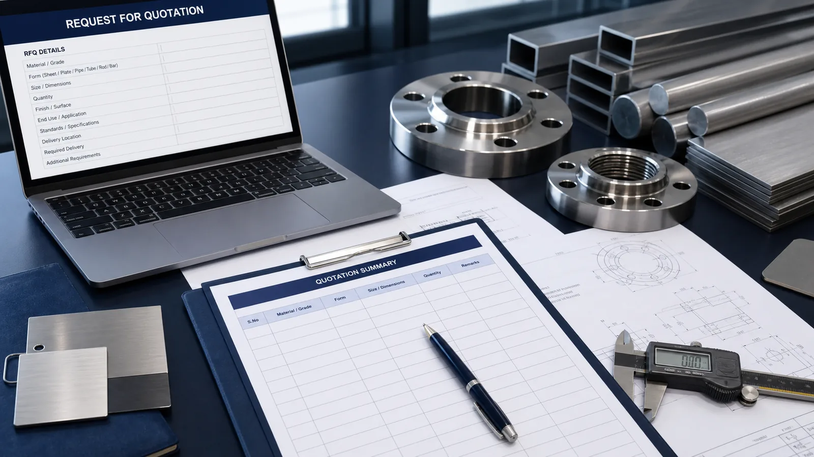 Industrial metal RFQ desk with quotation documents and metal samples