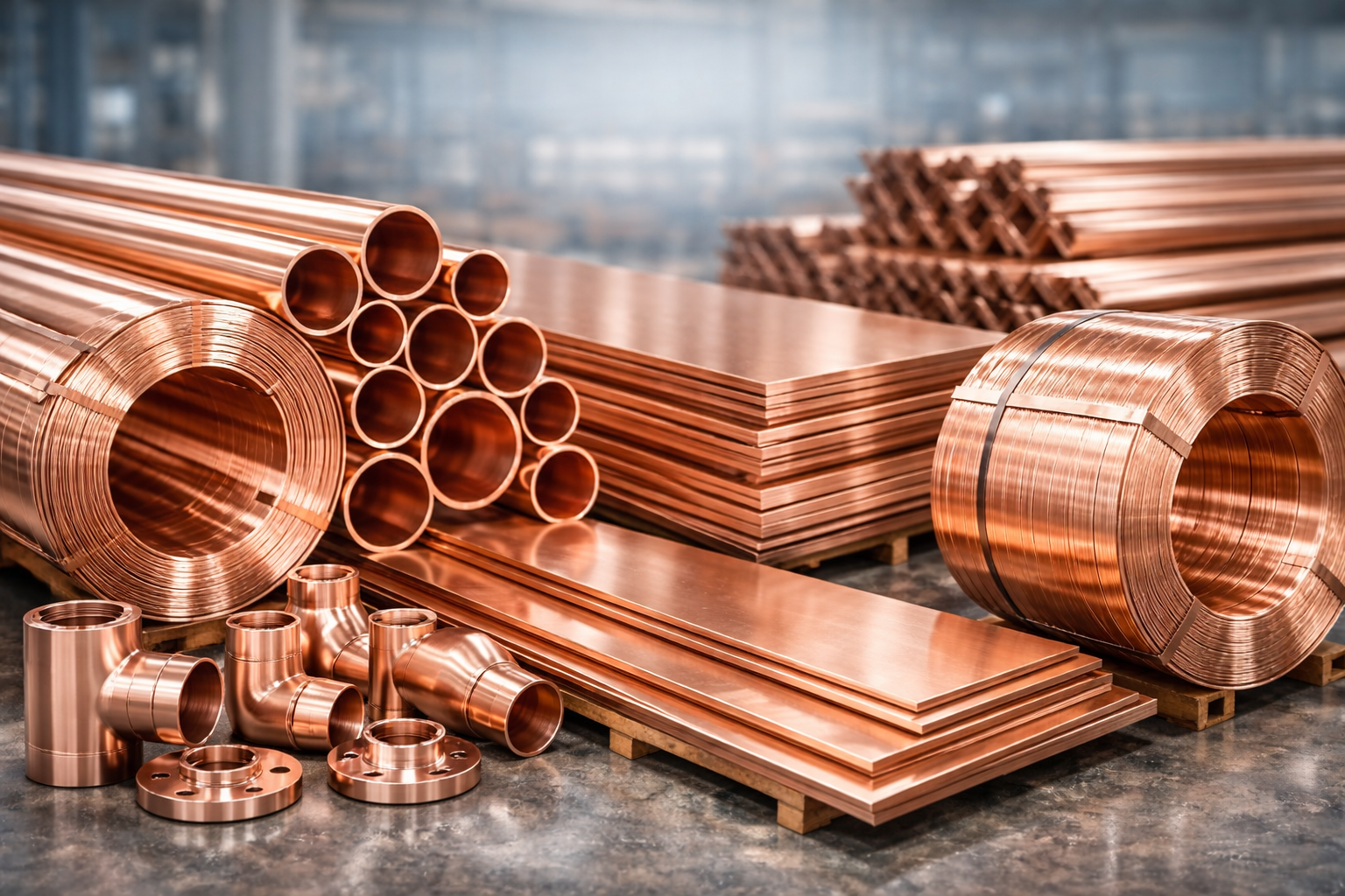Copper pipes, sheets, plates, coils and bars